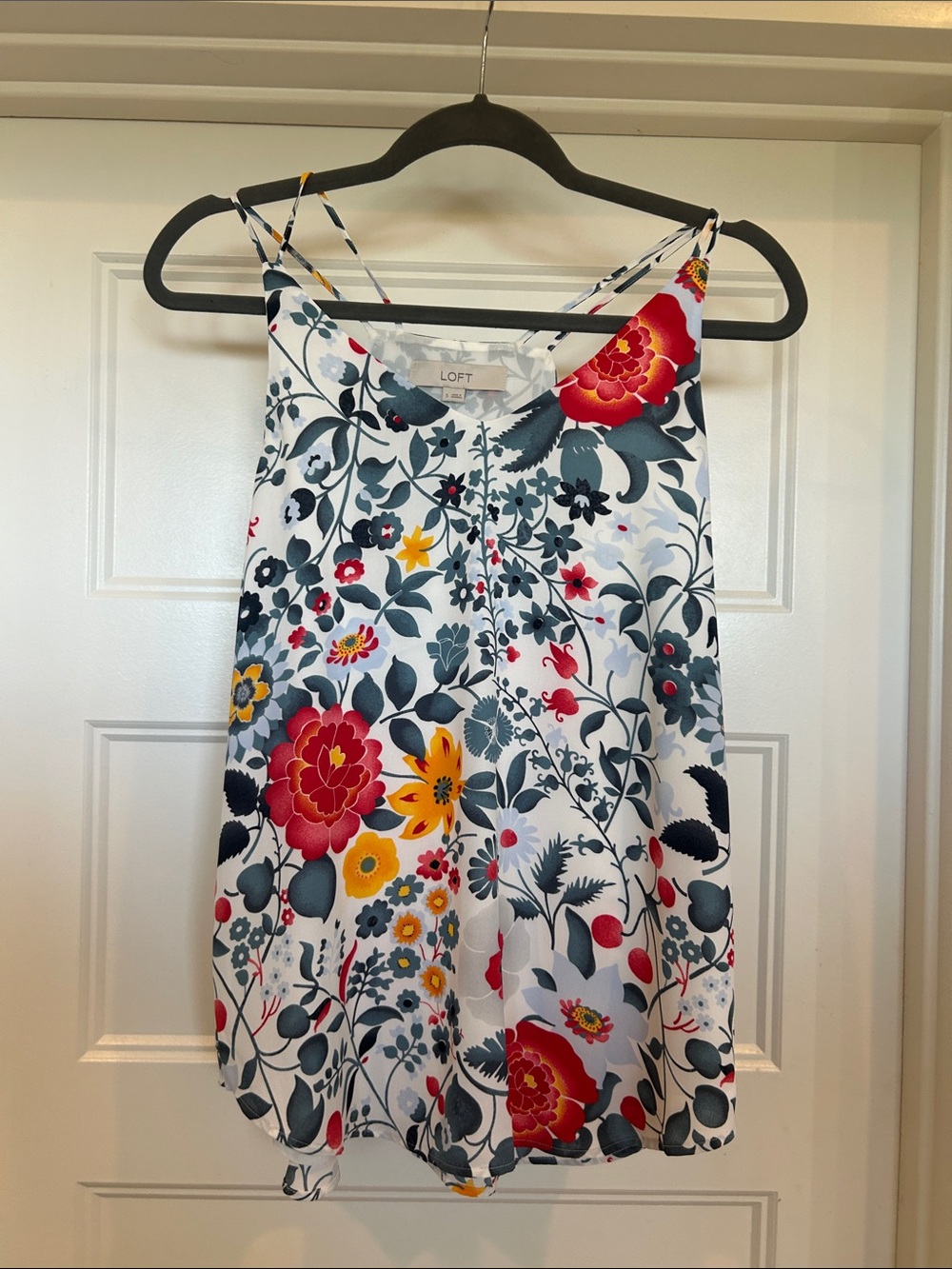 LOFT White Floral Camisole with Red and Yellow Blooms